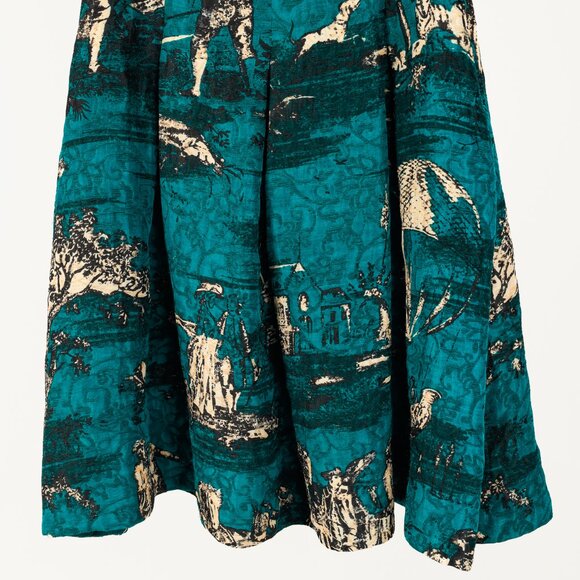 Oscar de la Renta AW/13 Teal Jacquard Sleeveless Pleated A-Line Dress - Picture 7 of 10